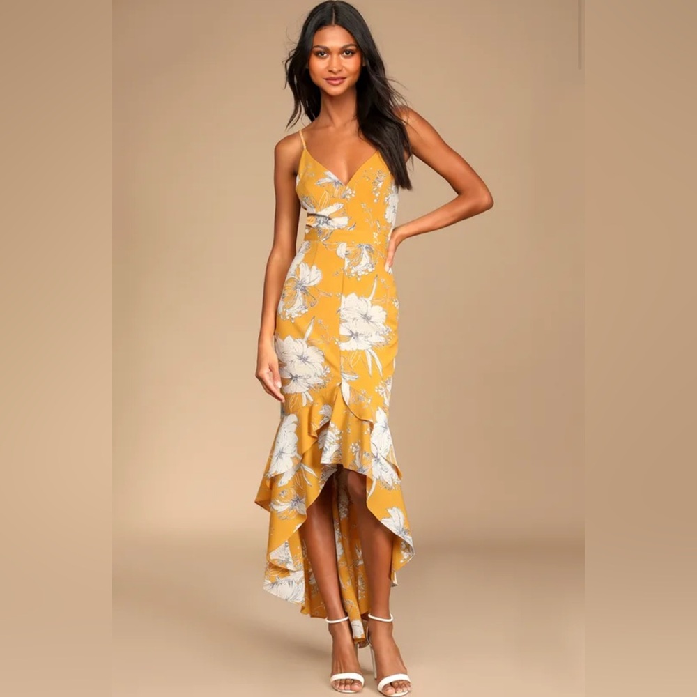 Darling Daylily Mustard Yellow Floral Print High-Low Maxi Dress